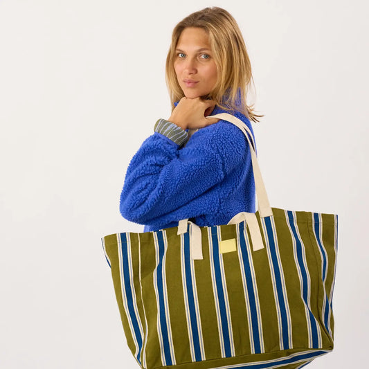 Cotton Tote Bag - Green, Blue-Striped